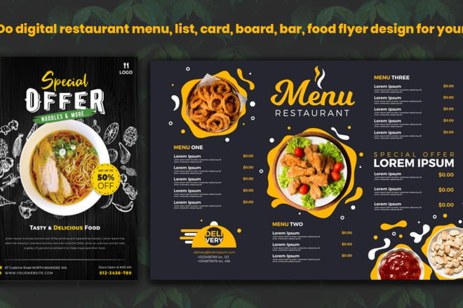 I will do digital restaurant menu, list, card, board, bar, food flyer design for your
