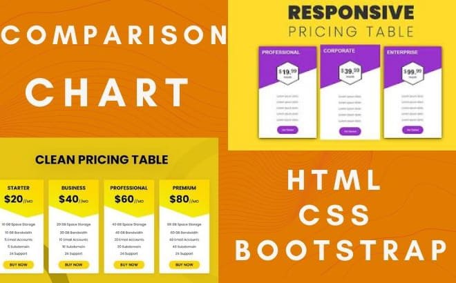 I will do price list, pricing table, comparison chart diagram using html,css,bootstrap