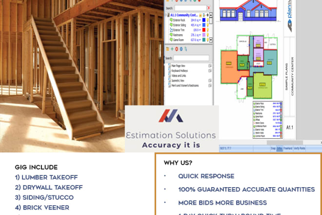 I will do stucco, drywall, siding, lumber takeoff and cost estimate