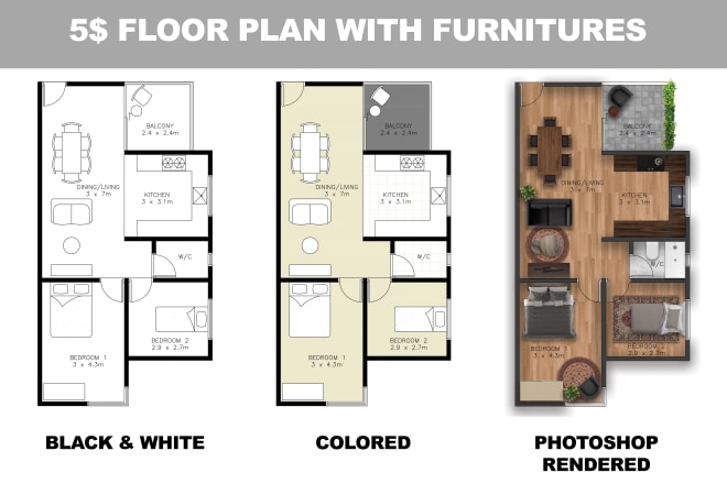 I will redraw 2d floor plan with furniture for real estate