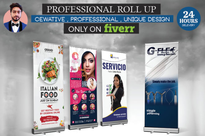 I will trade show banner, backdrop, roll up, standee, pop up