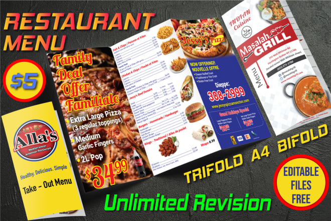 I will design restaurant menu, trifold bifold, pizza, food menu