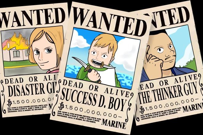 I will drawing your photo into one piece anime wanted poster