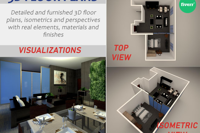 I will create 3d floor plan top view isometric view