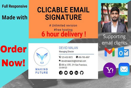 I will create a clickable HTML email signature for gmail, outlook