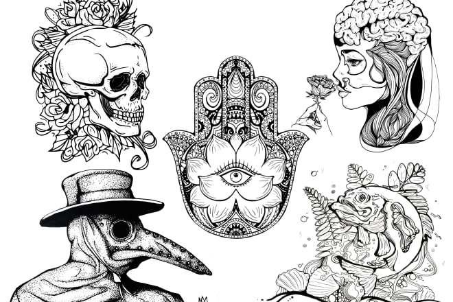 I will create black and white line art illustrations for you
