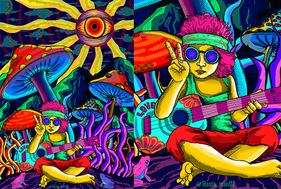 I will create colorful comic illustrations and trippy psychedelic art