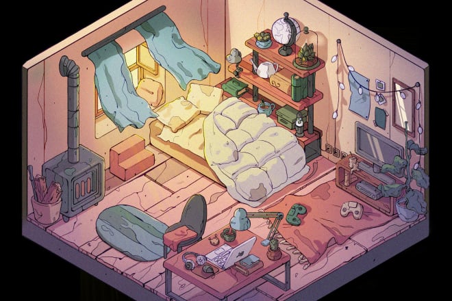 I will create cozy isometric room, location or building