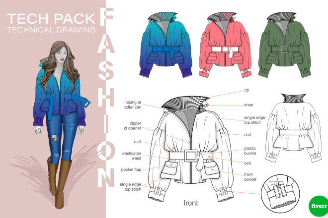 I will create fashion tech pack apparel clothing technical drawing