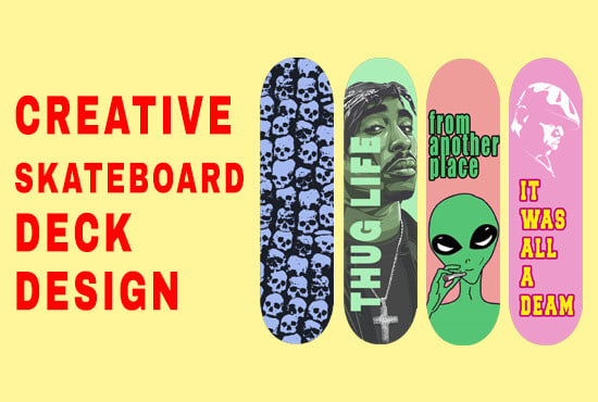 I will design a cool unique and creative skateboard deck graphics