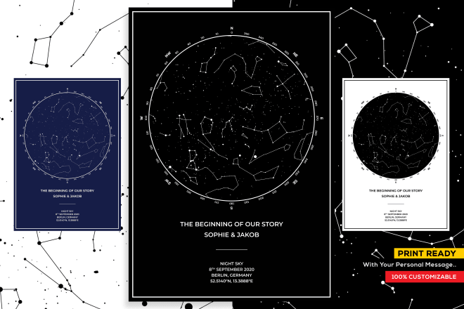 I will design a custom night sky star map of any date