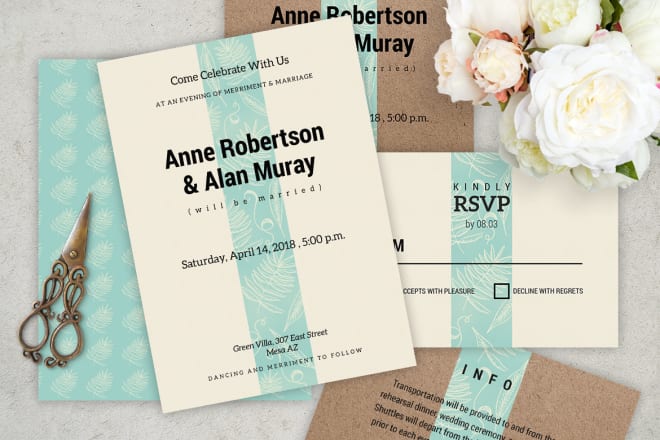 I will design a custom wedding invitations, save the date,rsvp,menu