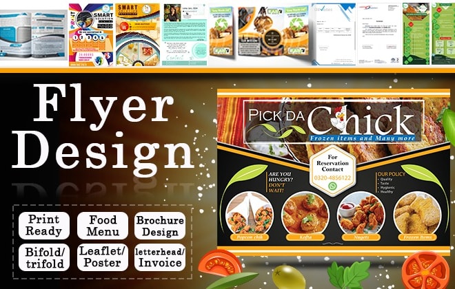 I will design bifold,trifold brochure,leaflet, letterhead,food menu and business flyers