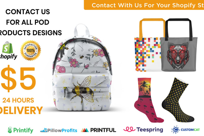 I will design tote bag, backpack, shopping bag, socks for all pod companies