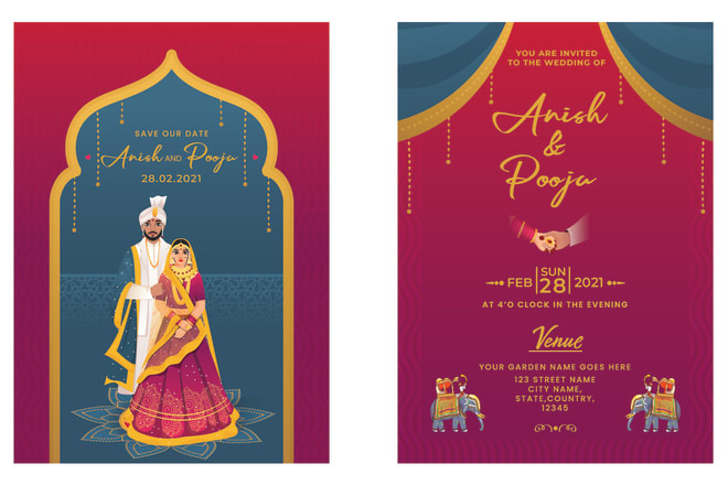 I will design wedding cards with couple illustration