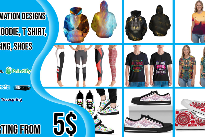 I will do all over print, sublimation designs for hoodie, t shirt, legging, shoes