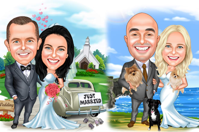I will do amazing wedding couple, family cartoon caricature for you