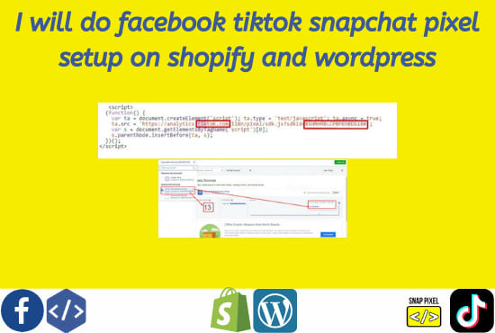 I will do facebook tiktok snapchat pixel setup on shopify and wordpress
