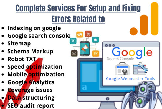 I will do setup,fix errors of indexing, sitemap, webmaster tool