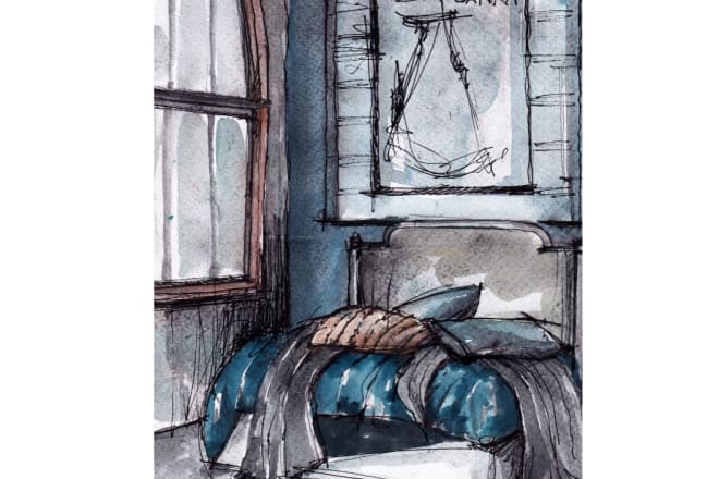 I will draw architectural sketches of shop and home interior designs with watercolor