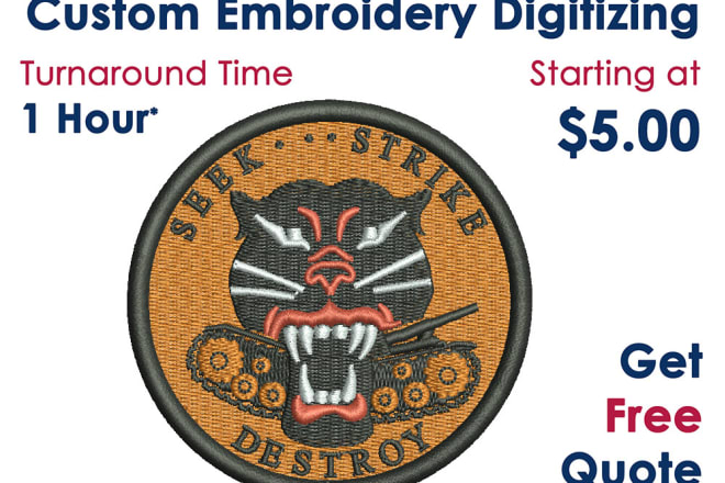 I will embroidery digitizing services, logo embroidery digitizing, image digitizing