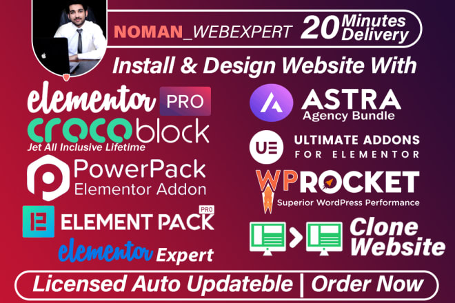 I will install elementor pro,astra agency,crocoblock, elementor addon wordpress website