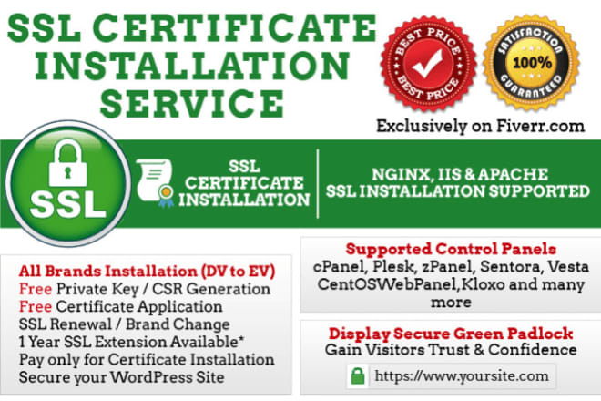 I will install free SSL certific on website cpanel vps website with the green padlock