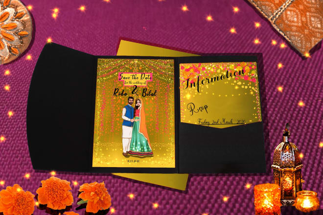 I will make a customized wedding card illustration with couple cartoon