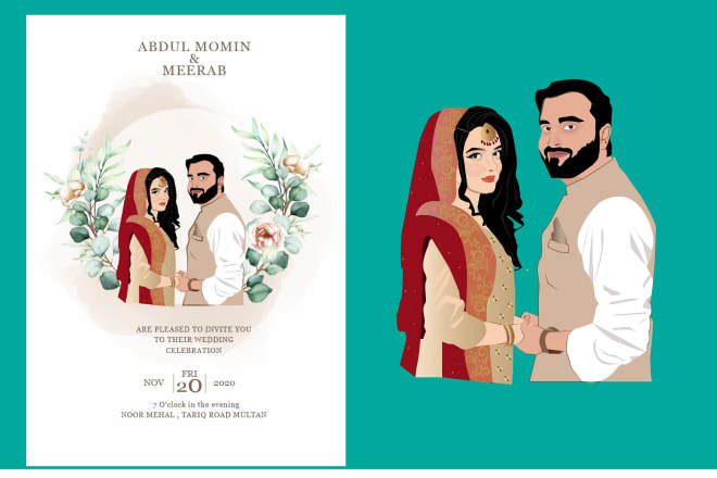 I will make a customized wedding card with couple illustration
