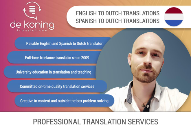 I will professionally translate english to dutch or spanish to dutch