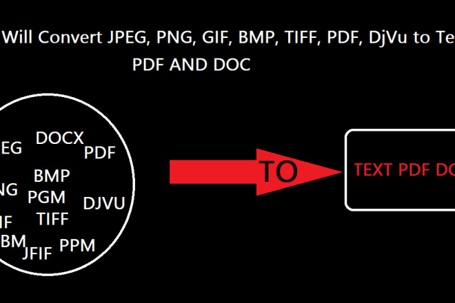 I will convert jpeg, png, GIF, bmp, tiff, PDF, djvu to text, PDF and doc