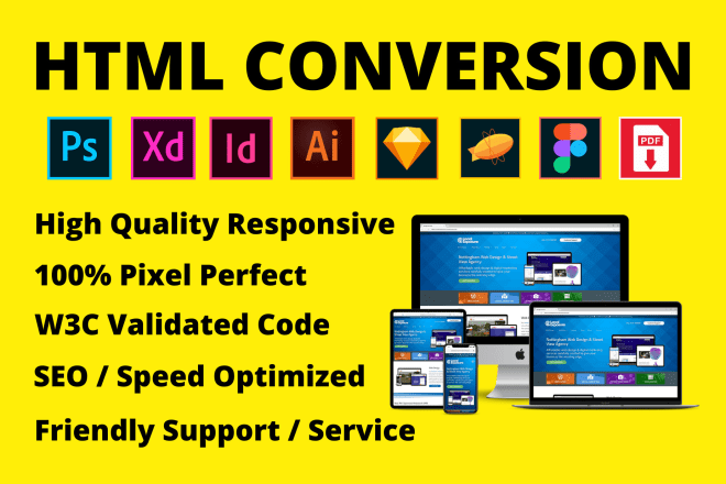 I will convert psd to html, sketch to html, figma, zeplin, pdf to html css bootstrap 4