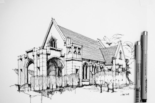 I will create an artistic architectural drawing or freehand sketch
