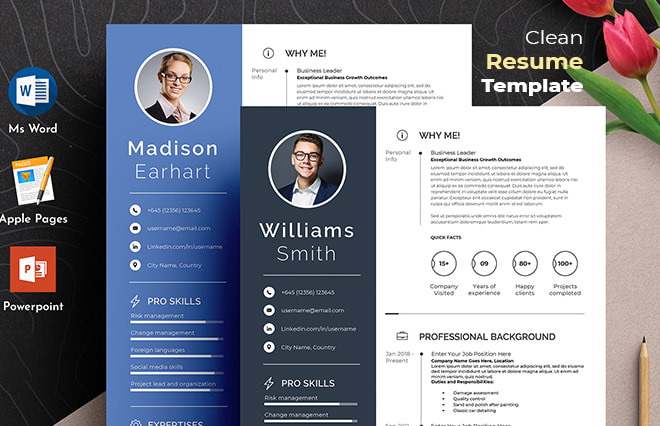 I will design professional resume cv template in ms word, apple pages format