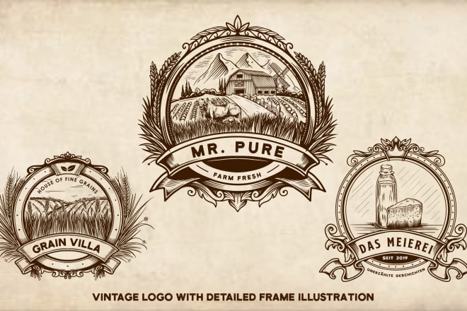I will design professional vintage logo with detailed illustration