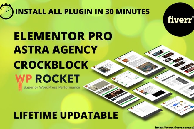 I will install elementor pro, astra pro, wp rocket, crockblock lifetime updatable
