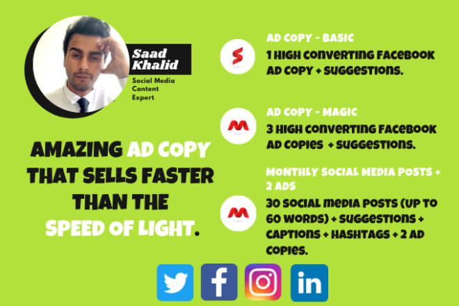 I will be your social media ad copy, post or caption writer