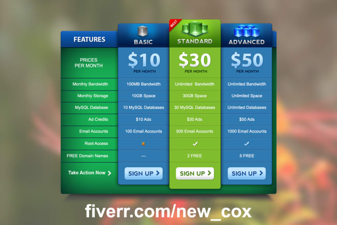 I will design a PSD pricing table or comparison chart