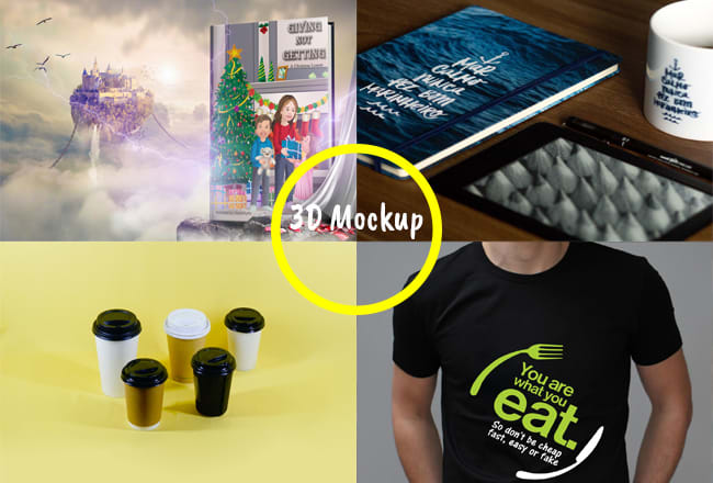 I will design a stylish 3d mockup of book,mug and t shirt