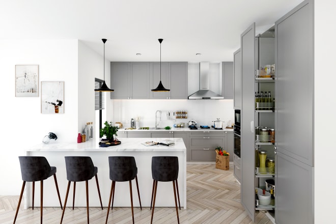 I will design modern kitchen, pantry, cabinet, bathroom, 3d render