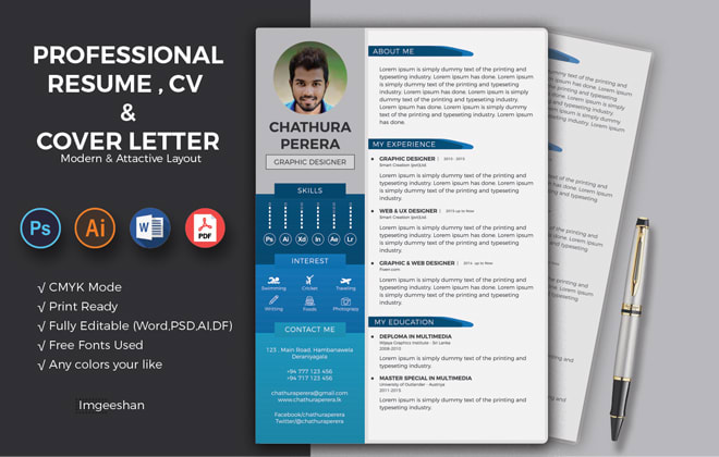I will design professional resume or cv design and cover letter template