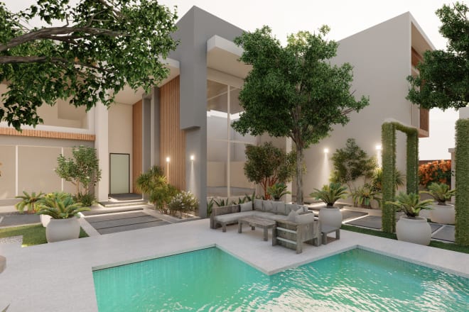 I will design your garden, backyard,swimming pool patio, terrace and render images