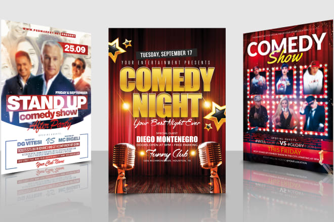 I will do comedy show, stand up comedy, and event flyer