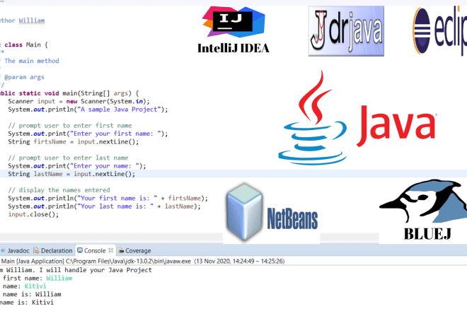I will do java project, lab, quiz, programming in eclipse, netbeans