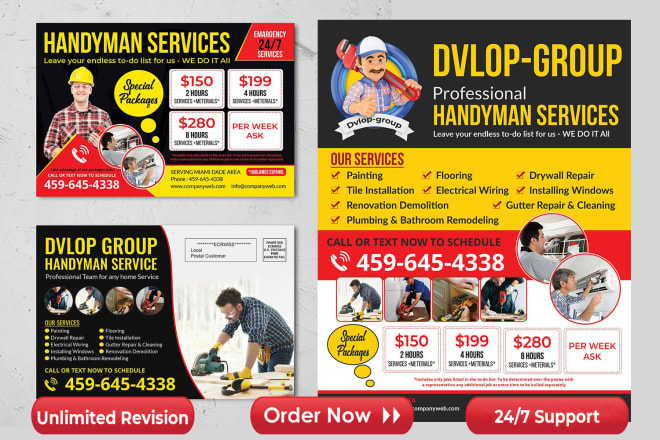 I will do plumbing service, pressure washing, and electrician flyer, postcard, brochure