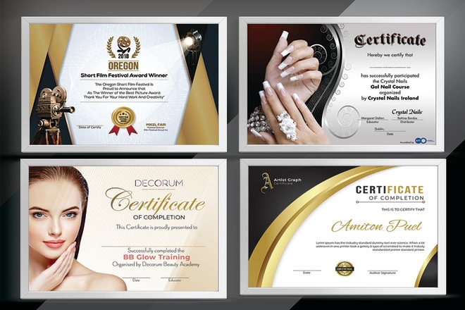 I will do professional certificate design, award certificate, diploma certificate