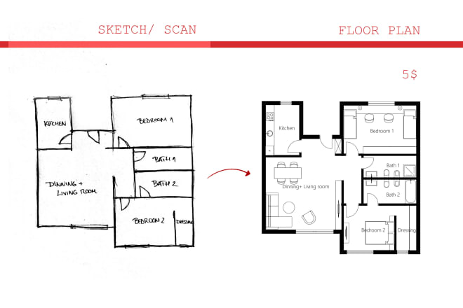 I will draw 2d floor plan