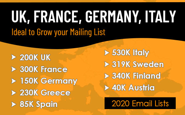 I will give UK, france, germany, italy, spain, sweden, greece, europe email lists