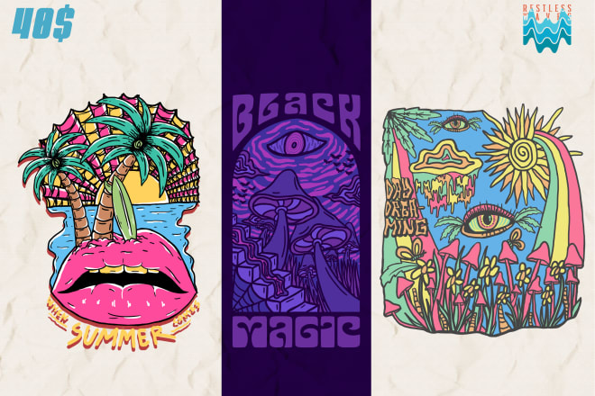 I will illustrate psychedelic, weed, trippy, stoner rock, for merchandise