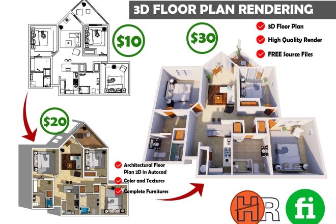 I will make 3d floor plan and render